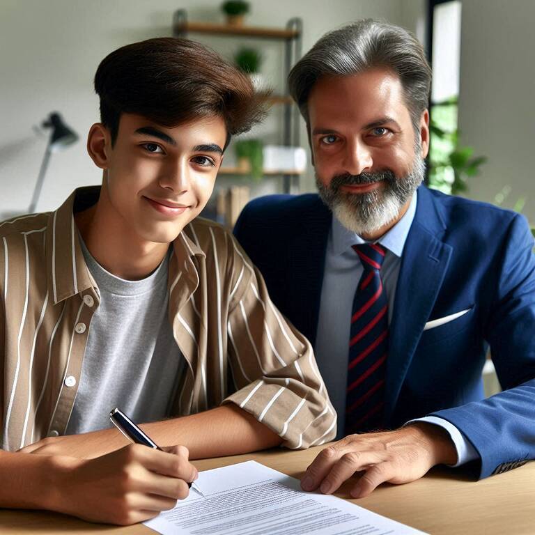 Homme et adolescent avec document signé.