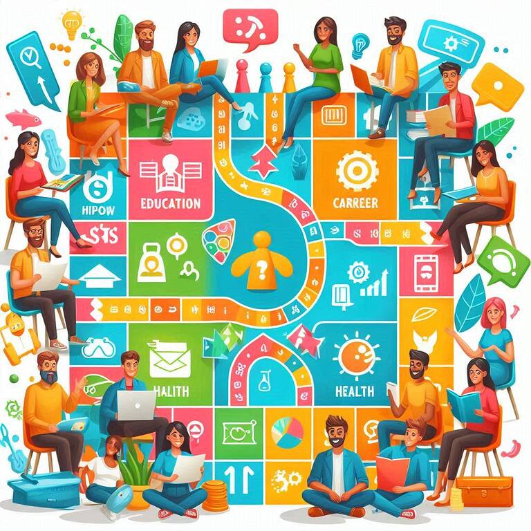 Personnes autour d'un plateau de jeu de développement personnel.