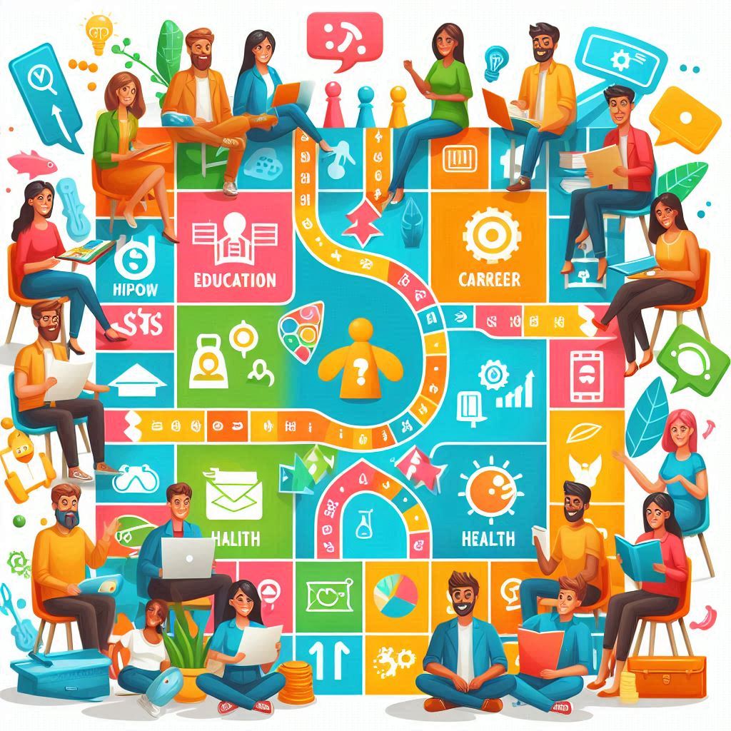 Personnes autour d'un plateau de jeu de développement personnel.