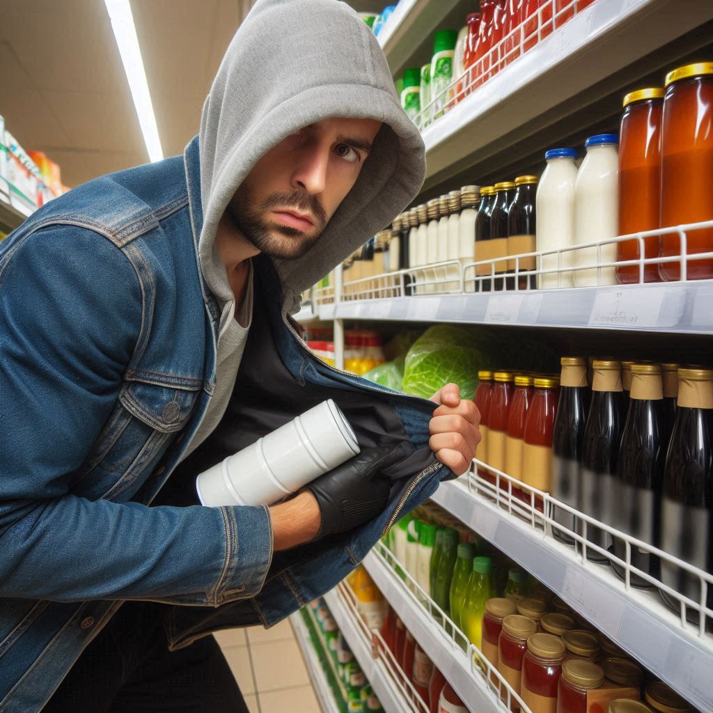 Homme cachant produit dans veste en magasin