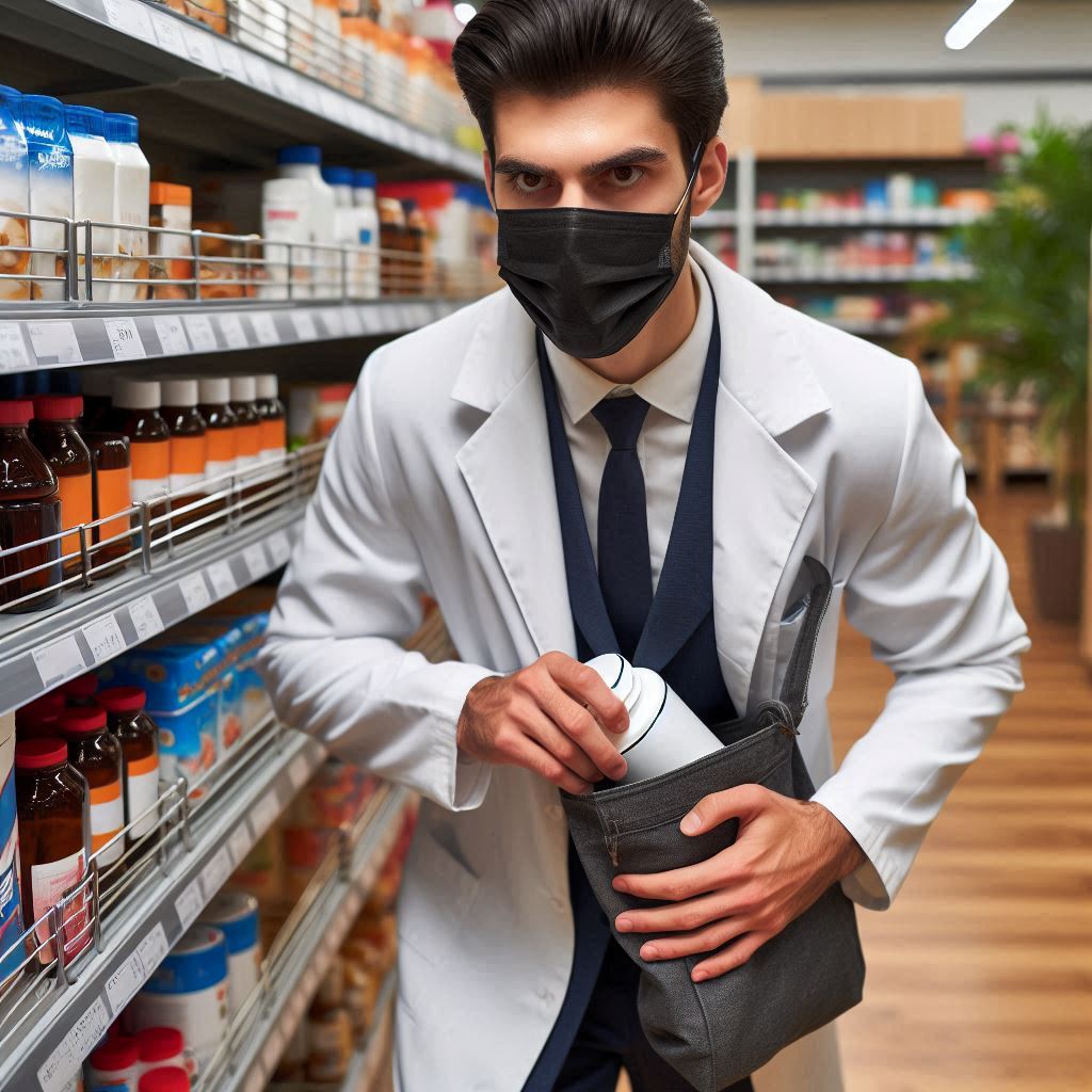 Homme en blouse blanche vole dans supermarché