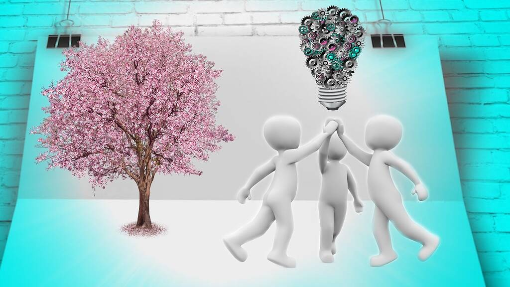 Personnages saluant près d'un arbre et une ampoule.