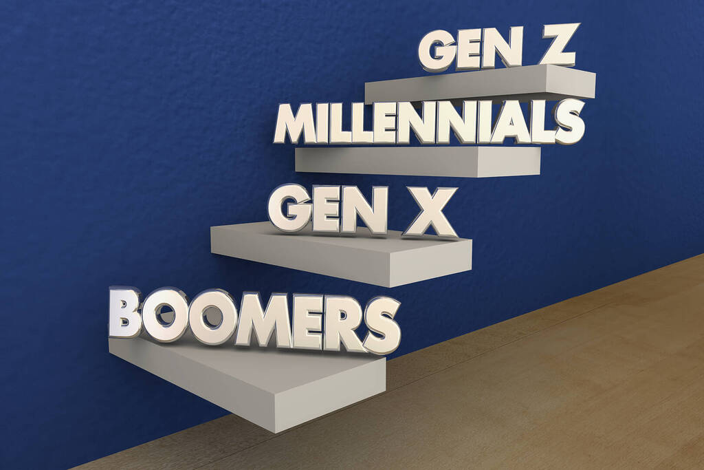 Générations : Boomers à Gen Z, escalier bleu.