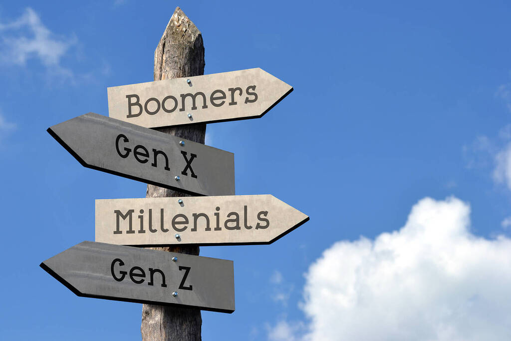 Panneaux indiquant différentes générations : Boomers, Gen X, Millennials, Gen Z.
