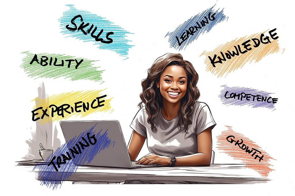 Femme souriante travaillant sur ordinateur, entourée de mots.