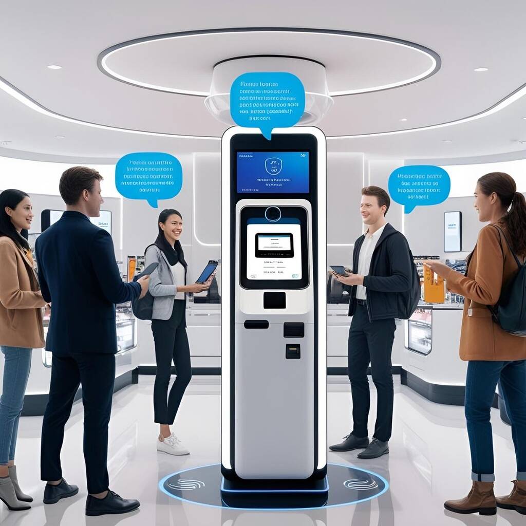 Personnes autour d'une borne interactive en magasin.