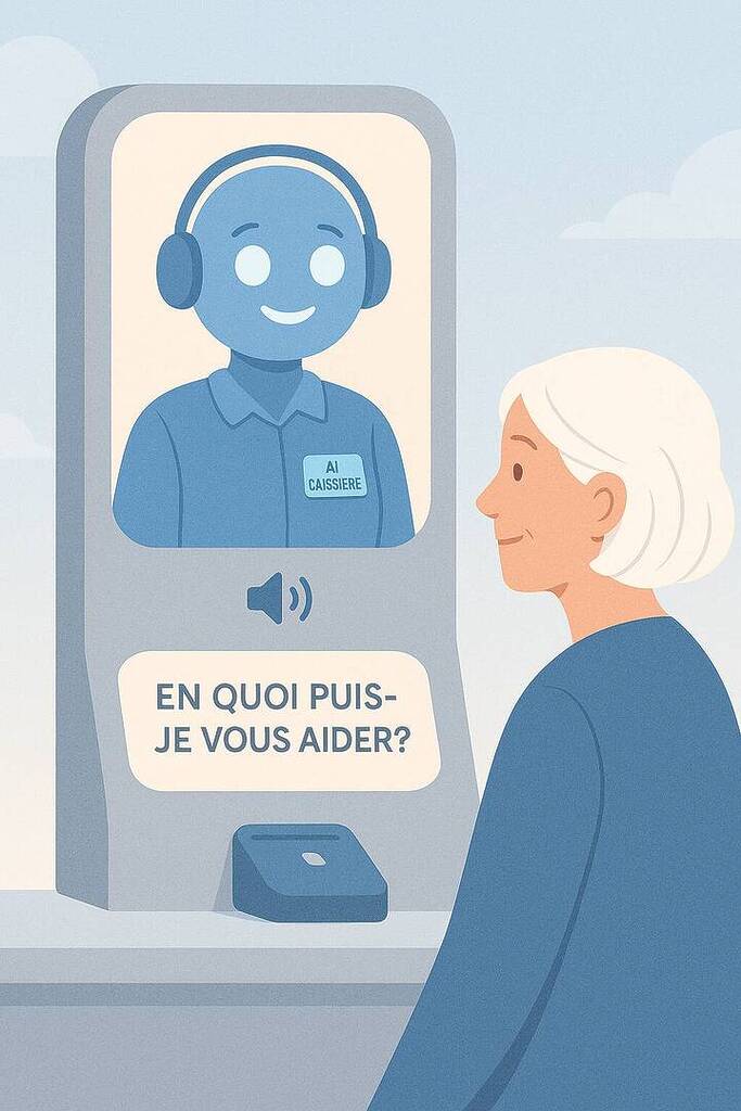 Femme interagissant avec un assistant IA sur écran.