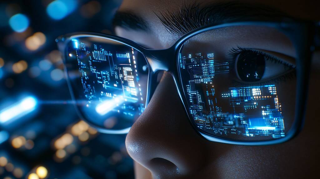 Reflet de circuits dans des lunettes.