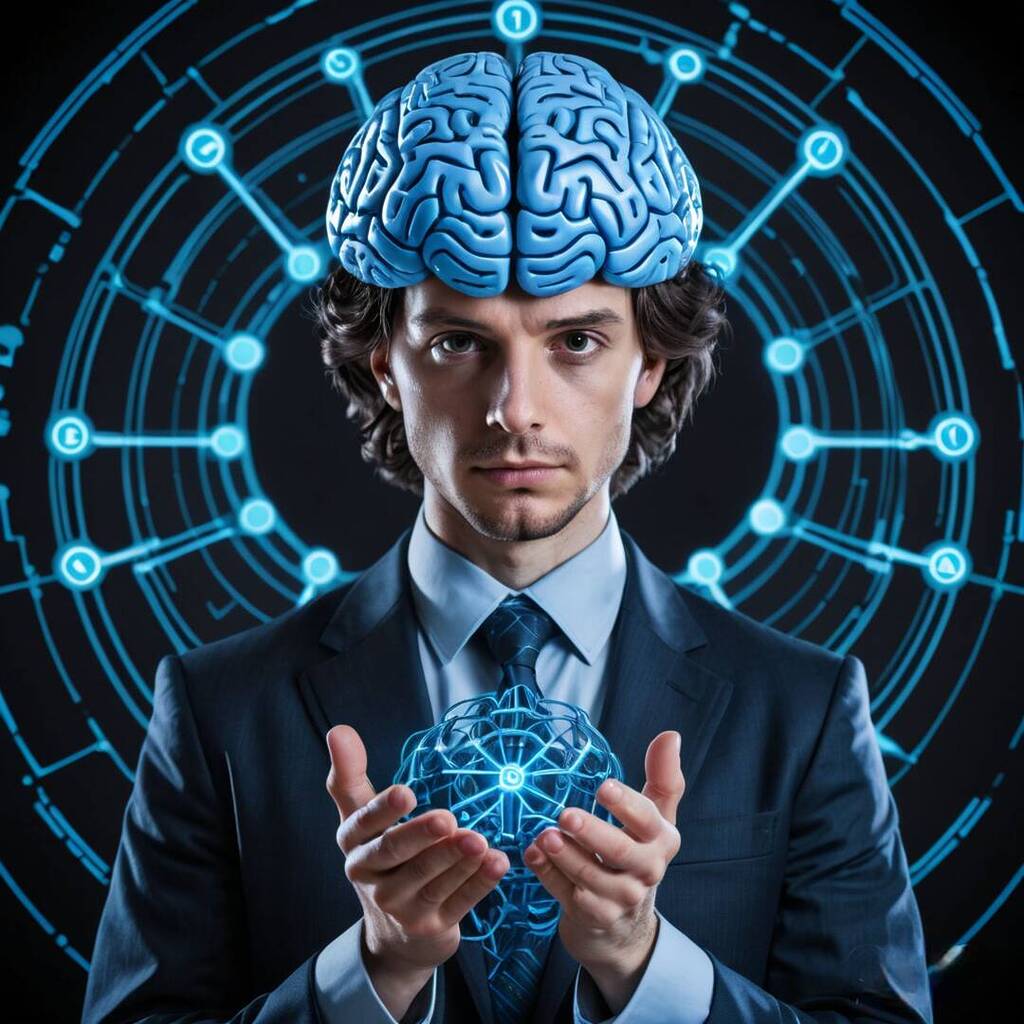 Homme en costume avec cerveau en lumière bleue.