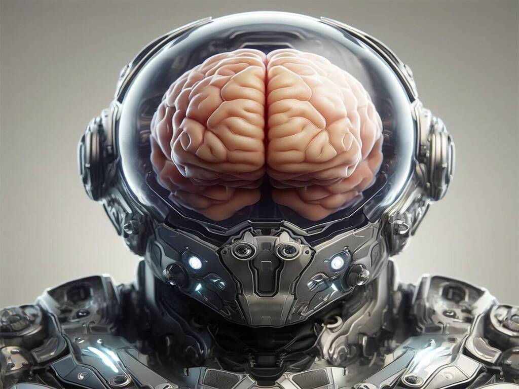 Casque robotique avec cerveau visible.