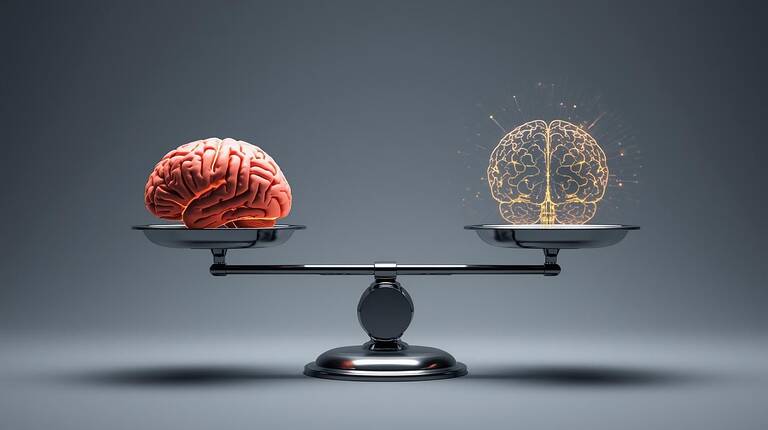 Cerveau réel et numérique en équilibre sur une balance.